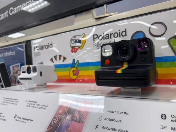 Seattle, WA USA - circa August 2022: Angled, selective focus on instant cameras for sale inside a Target retail store.