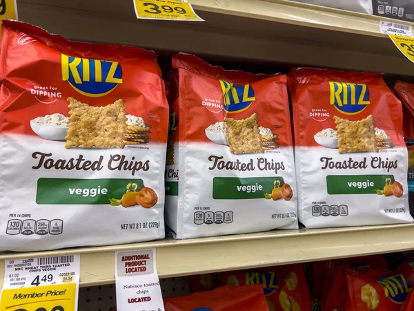 Seattle, WA USA - circa August 2022: Close up, selective focus on crackers for sale inside a Safeway grocery store.