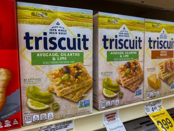 Seattle, WA USA - circa August 2022: Close up, selective focus on crackers for sale inside a Safeway grocery store.