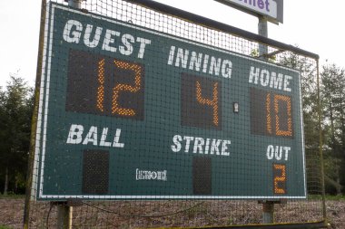 Woodinville, WA USA - circa May 2022: Close up view of a scoreboard at a baseball field.