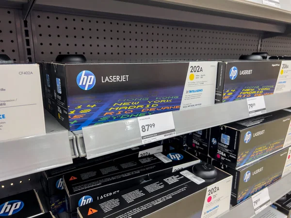 Seattle, WA USA - circa June 2022: Angled, selective focus on HP printers for sale inside a Staples store