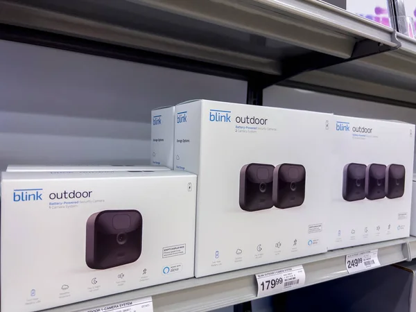 Seattle, WA USA - circa June 2022: Angled, selective focus on Blink outdoor cameras for sale inside a Staples store