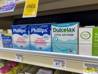 Seattle, WA USA - circa August 2022: Close up, selective focus on laxatives for sale inside a Safeway grocery store.