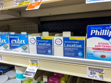 Seattle, WA USA - circa August 2022: Close up, selective focus on laxatives for sale inside a Safeway grocery store.