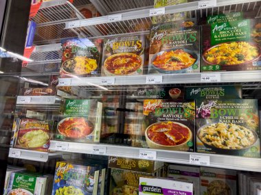 Mill Creek, WA USA - circa May 2022: Angled, selective focus on Amy's vegetarian and vegan freezer meals.