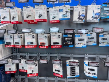 Lynnwood, WA USA - circa August 2022: Wide view of flash and thumb drives for sale inside a Best Buy retail store.