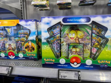 Lynnwood, WA USA - circa August 2022: Close up, selective focus on Pokemon cards for sale inside a Best Buy store.