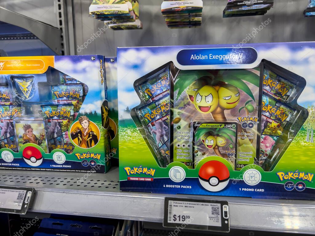 Lynnwood, WA USA - circa August 2022: Close up, selective focus on Pokemon cards for sale inside a Best Buy store.