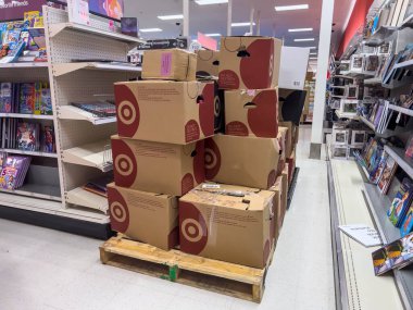 Lynnwood, WA USA - circa August 2022: Wide angle view of a truck pallet waiting to be unloaded inside a Target retail store