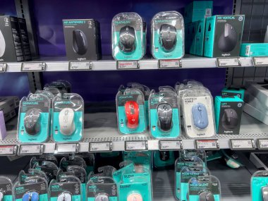 Lynnwood, WA USA - circa August 2022: View of Logitech mice for sale inside a Best Buy retail store