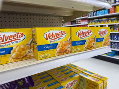 Lynnwood, WA USA - circa August 2022: Close up view of Velveeta mac and cheese for sale inside a Target store.
