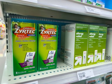 Lynnwood, WA USA - circa August 2022: Close up, selective focus on children's allergy medicine for sale inside a Target retail store