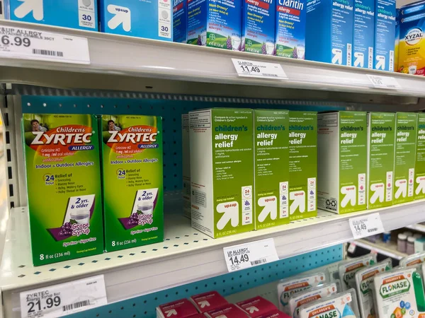 Lynnwood, WA USA - circa August 2022: Close up, selective focus on children's allergy medicine for sale inside a Target retail store