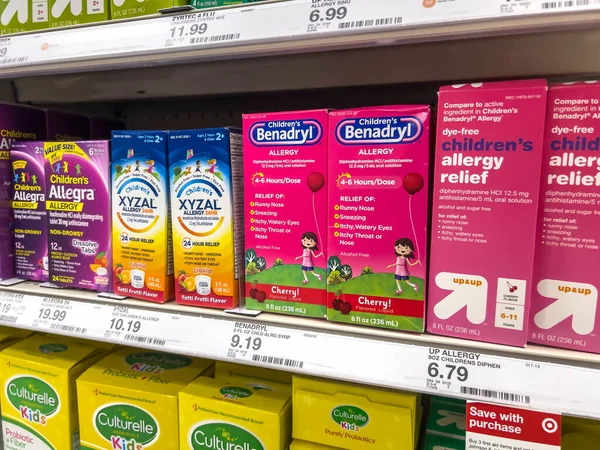 Lynnwood, WA USA - circa August 2022: Close up, selective focus on children's allergy medicine for sale inside a Target retail store
