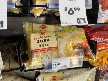 Mill Creek, WA USA - circa August 2022: Close up, selective focus on frozen soba noodles for sale inside a Town and Country Market