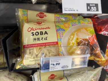 Mill Creek, WA USA - circa August 2022: Close up, selective focus on frozen soba noodles for sale inside a Town and Country Market