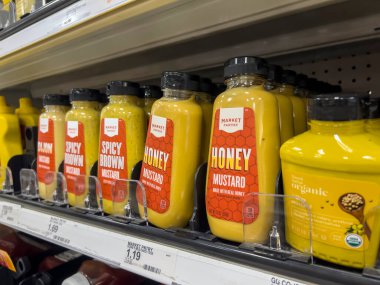 Lynnwood, WA USA - circa August 2022: Close up, selective focus on mustard for sale inside a Target retail store