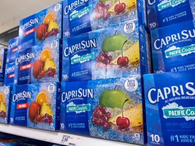 Lynnwood, WA USA - circa August 2022: Close up, selective focus on Capri Sun kids drinks for sale inside a Target retail store
