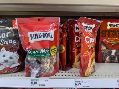 Lynnwood, WA USA - circa August 2022: Close up view of dog treats for sale within a Target retail store.