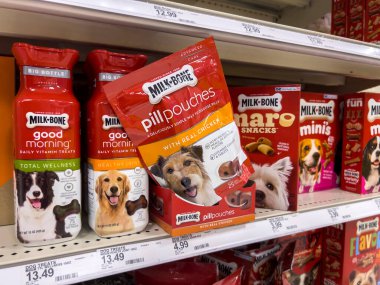 Lynnwood, WA USA - circa August 2022: Close up view of dog treats for sale within a Target retail store.