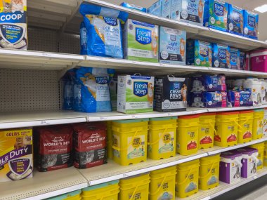Lynnwood, WA USA - circa August 2022: Wide angle view of cat litter for sale inside a Target retail store.