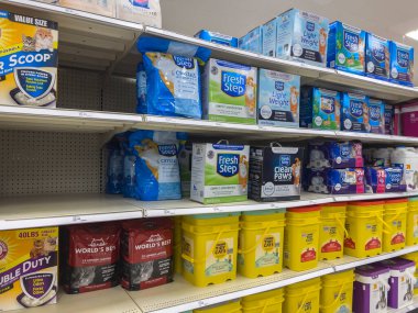 Lynnwood, WA USA - circa August 2022: Wide angle view of cat litter for sale inside a Target retail store.