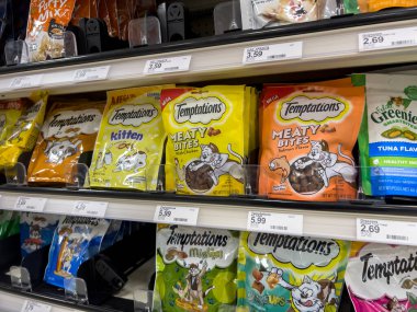 Lynnwood, WA USA - circa August 2022: Close up view of cat treats for sale within a Target retail store.