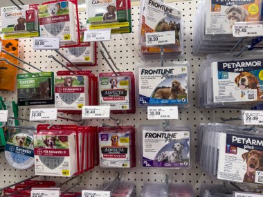 Lynnwood, WA USA - circa August 2022: Wide angle view of pet flea and tick treatments for sale inside a Target retail store.