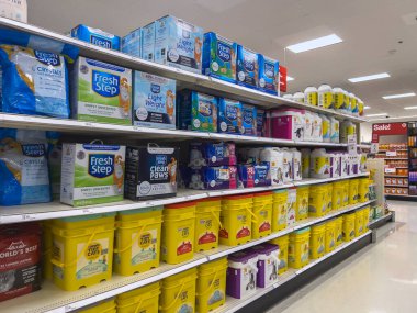 Lynnwood, WA USA - circa August 2022: Wide angle view of cat litter for sale inside a Target retail store.