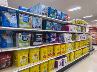 Lynnwood, WA USA - circa August 2022: Wide angle view of cat litter for sale inside a Target retail store.