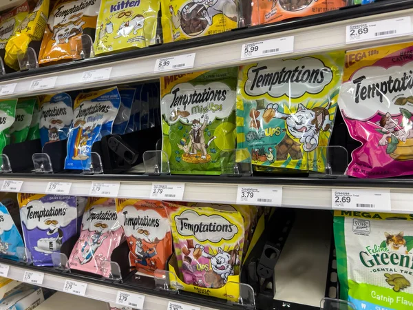 Lynnwood, WA USA - circa August 2022: Close up view of cat treats for sale within a Target retail store