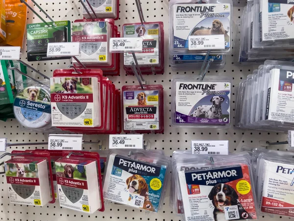 Lynnwood, WA USA - circa August 2022: Wide angle view of pet flea and tick treatments for sale inside a Target retail store.