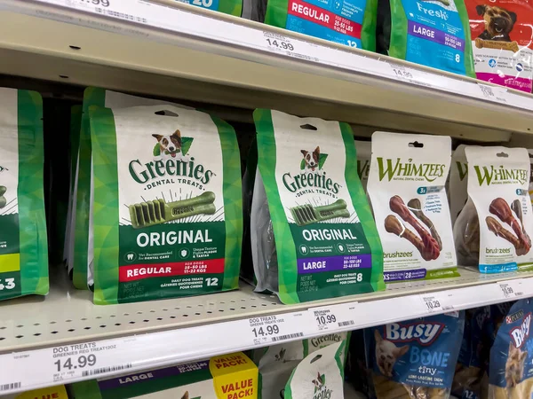 Lynnwood, WA USA - circa August 2022: Close up view of dog treats for sale within a Target retail store.