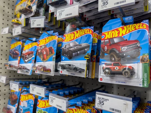 Lynnwood, WA USA - circa August 2022: Close up view of Hot Wheels toy cars for sale inside a Target retail store