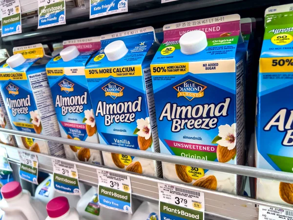 Seattle, WA USA - circa August 2022: Close up, selective focus on milk alternatives for sale inside a Safeway grocery store.