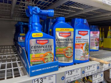 Seattle, WA USA - circa July 2022: Selective, angled focus on insect and pest killers for sale inside a Lowes Home Improvement store.