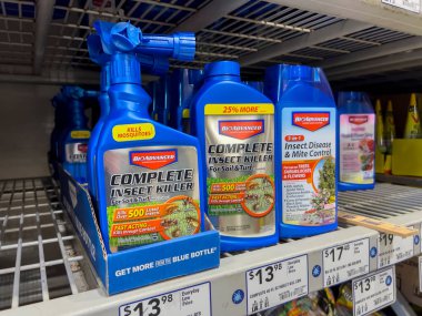 Seattle, WA USA - circa July 2022: Selective, angled focus on insect and pest killers for sale inside a Lowes Home Improvement store.