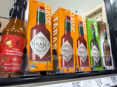 Seattle, WA USA - circa August 2022: Close up focus on hot sauce for sale inside a Target retail store