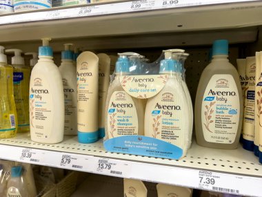 Seattle, WA USA - circa August 2022: Close up focus on Aveeno baby wash products for sale inside a Target retail store