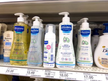 Seattle, WA USA - circa August 2022: Close up focus on Mustela baby wash products for sale inside a Target retail store