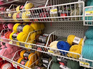 Lynnwood, WA USA - circa August 2022: Wide view of a variety of yarns for sale inside a Joann Fabrics store.