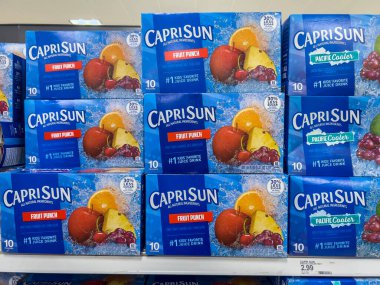 Lynnwood, WA USA - circa August 2022: Close up, selective focus on Capri Sun kids drinks for sale inside a Target retail store