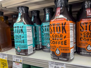 Seattle, WA USA - circa August 2022: Close up, selective focus on cold brew coffee for sale inside a Safeway grocery store.