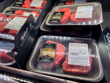 Bellevue, WA USA - circa July 2022: Close up, selective focus on Kobe beef for sale inside an Uwajimaya grocery store.