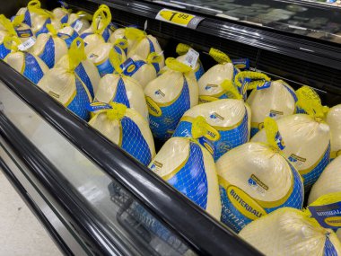 Lynnwood, WA USA - Ekim 2022: Bir QFC marketinde satılık büyük Butterball Şükran Günü hindilerinin yakın görüntüsü.