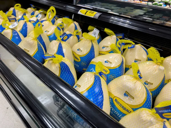 Lynnwood, WA USA - Ekim 2022: Bir QFC marketinde satılık büyük Butterball Şükran Günü hindilerinin yakın görüntüsü.