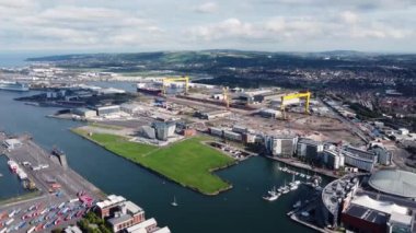 Aerial video of Titanic Centre Titanic Quarter Belfast Northern Ireland 08-08-22