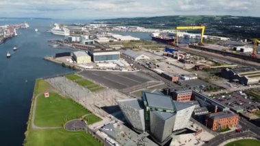 Aerial video of Titanic Centre Titanic Quarter Belfast Northern Ireland 08-08-22