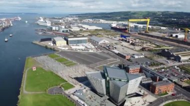 Aerial video of Titanic Centre Titanic Quarter Belfast Northern Ireland 08-08-22