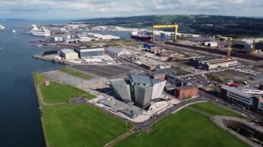 Aerial video of Titanic Centre Titanic Quarter Belfast Northern Ireland 08-08-22